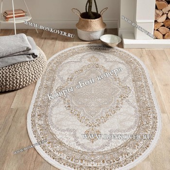 Ковер Для Гостиной Арт 29881 Турция Бежевый с Белым Овал